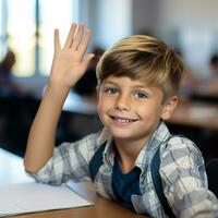 ai generado sonriente colegial sesión, aprendiendo, estudiando, alegre y linda generado por ai foto