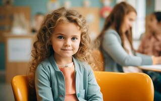 AI generated Smiling Caucasian girl sitting in classroom, looking at camera generated by AI photo