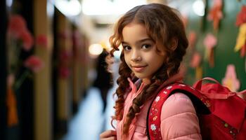 ai generado sonriente niño, alegre felicidad, linda chicas, retrato generado por ai foto