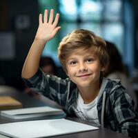 AI generated Smiling boys studying, learning, indoors with technology generated by AI photo