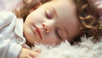 ai generado linda bebé durmiendo, inocencia y alegría en retrato generado por ai foto