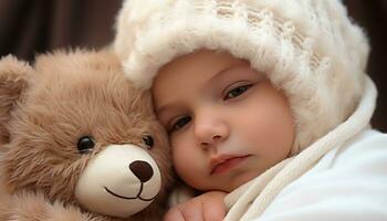 AI generated Cute child embraces teddy bear, smiling with joy and love generated by AI photo