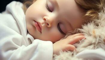 AI generated Cute child sleeping, embracing softness, eyes closed generated by AI photo