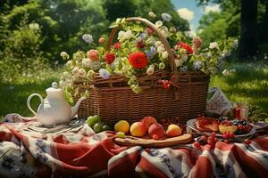 AI generated Picnic basket on the tablecloth in summer garden, Summer picnic background. Cute Wicker basket with foods, fruits. the tablecloth on the grass, Ai generated photo