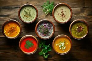 AI generated Bowls of different soups on wooden backgrounds, Assortment of colored vegetable cream soups, Dietary food, soup with cream and parsley, Ai generated photo