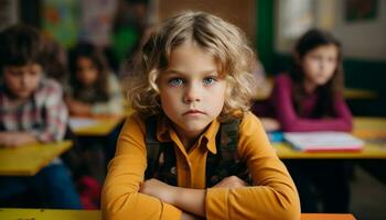 ai generado sonriente colegio niños estudiando en un salón de clases generado por ai foto