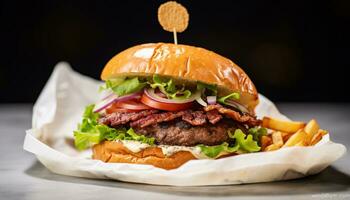 ai generado A la parrilla carne de vaca hamburguesa con queso, tomate, y papas fritas generado por ai foto