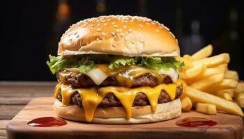 AI generated Grilled burger with cheese, fries, and freshness generated by AI photo
