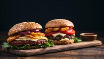 AI generated Grilled beef burger with cheese on ciabatta bread generated by AI photo