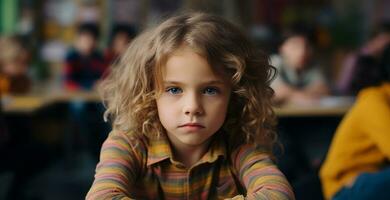 ai generado sonriente niña sentado adentro, aprendizaje en salón de clases generado por ai foto