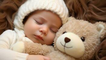 ai generado linda bebé dormido con osito de peluche oso, puro inocencia generado por ai foto