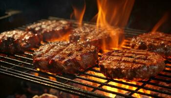 ai generado A la parrilla carne en fuego, un delicioso parilla banquete generado por ai foto