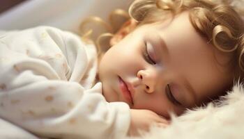 ai generado linda bebé niña durmiendo, inocencia y felicidad generado por ai foto