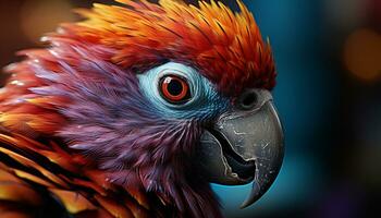 AI generated Vibrant macaw perched on branch, looking at camera generated by AI photo