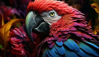 AI generated Vibrant colored macaw perching in tropical rainforest generated by AI photo