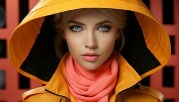 AI generated Young woman in yellow raincoat looking at camera generated by AI photo