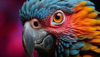 AI generated Vibrant colored macaw with beak looking at camera generated by AI photo