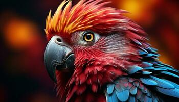 AI generated Vibrant colored macaw perched on branch, looking majestic generated by AI photo