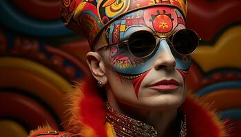 ai generado sonriente mujer en vistoso tradicional carnaval disfraz generado por ai foto