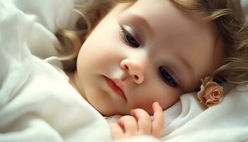 ai generado linda bebé niña sonriente en cómodo cama generado por ai foto