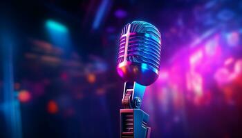 AI generated Nightclub stage performance, microphone, equipment, background, broadcasting, performance, nightlife, singing, audience, lighting equipment generated by AI photo