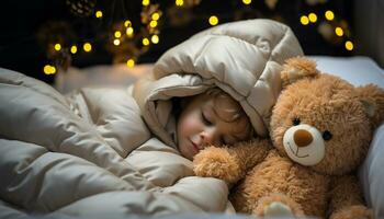 AI generated Cute child sleeping with teddy bear, indoors generated by AI photo