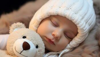 ai generado linda niño con osito de peluche oso, sonriente en felicidad generado por ai foto