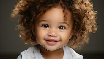 AI generated Cute smiling child with curly hair looking at camera generated by AI photo