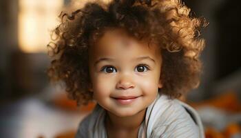 AI generated Smiling child with curly hair, looking at camera generated by AI photo