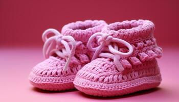 ai generado linda bebé botines en rosa, suave lana generado por ai foto