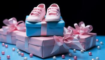 ai generado pequeño azul regalo caja con linda rosado decoración generado por ai foto