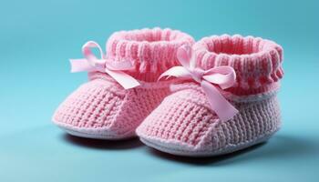 AI generated Cute pink baby booties, soft wool, handmade fashion generated by AI photo