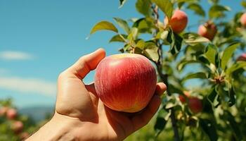 AI generated Hand holding fresh, ripe apple in green orchard generated by AI photo