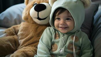 ai generado linda sonriente niño trae alegre felicidad adentro generado por ai foto