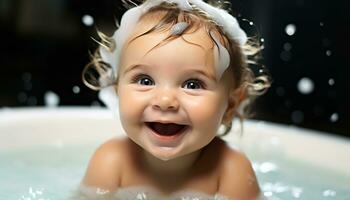 AI generated Smiling cute baby enjoying a playful bubble bath generated by AI photo