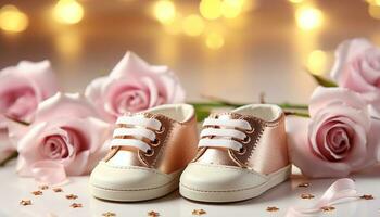 AI generated Cute baby booties, small and pink, a gift generated by AI photo