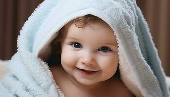 ai generado linda bebé chico sonriente, envuelto en suave cobija generado por ai foto