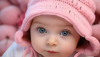 ai generado linda bebé niña con rosado gorra jugando al aire libre generado por ai foto