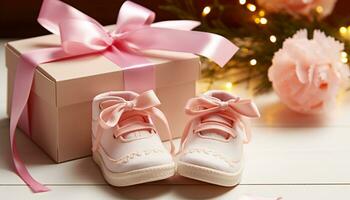AI generated Cute baby booties wrapped in pink paper generated by AI photo