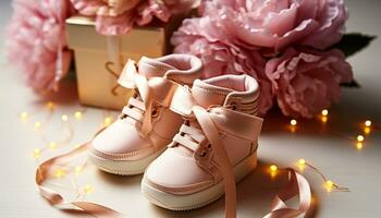 AI generated Cute baby booties, pink flower, love, new life generated by AI photo