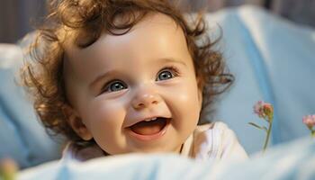 ai generado sonriente bebé chica, alegre y lleno de alegría generado por ai foto