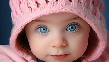 AI generated Smiling baby girl in pink hat playing in snow generated by AI photo