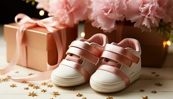 AI generated New baby gift cute pink booties for winter generated by AI photo