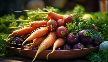 ai generado frescura de orgánico vegetales en rústico de madera mesa generado por ai foto