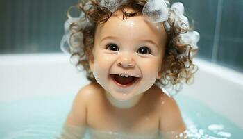 AI generated Smiling child enjoys bubbly bath in domestic bathroom generated by AI photo