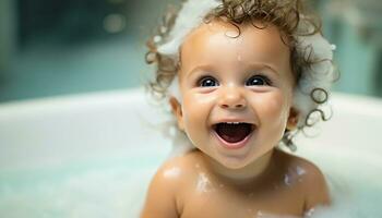 ai generado linda bebé sonriente, disfrutando un burbujeante bañera generado por ai foto