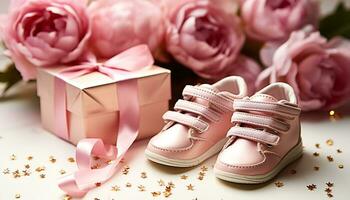 ai generado bebé zapato, rosado decoración, cumpleaños regalo, pequeño celebracion generado por ai foto