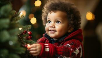 ai generado sonriente niño disfruta Navidad árbol en invierno generado por ai foto