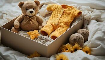AI generated Cute teddy bear brings joy to child bedroom generated by AI photo