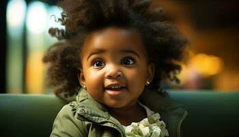 ai generado sonriente niño con Rizado cabello, felicidad irradia generado por ai foto